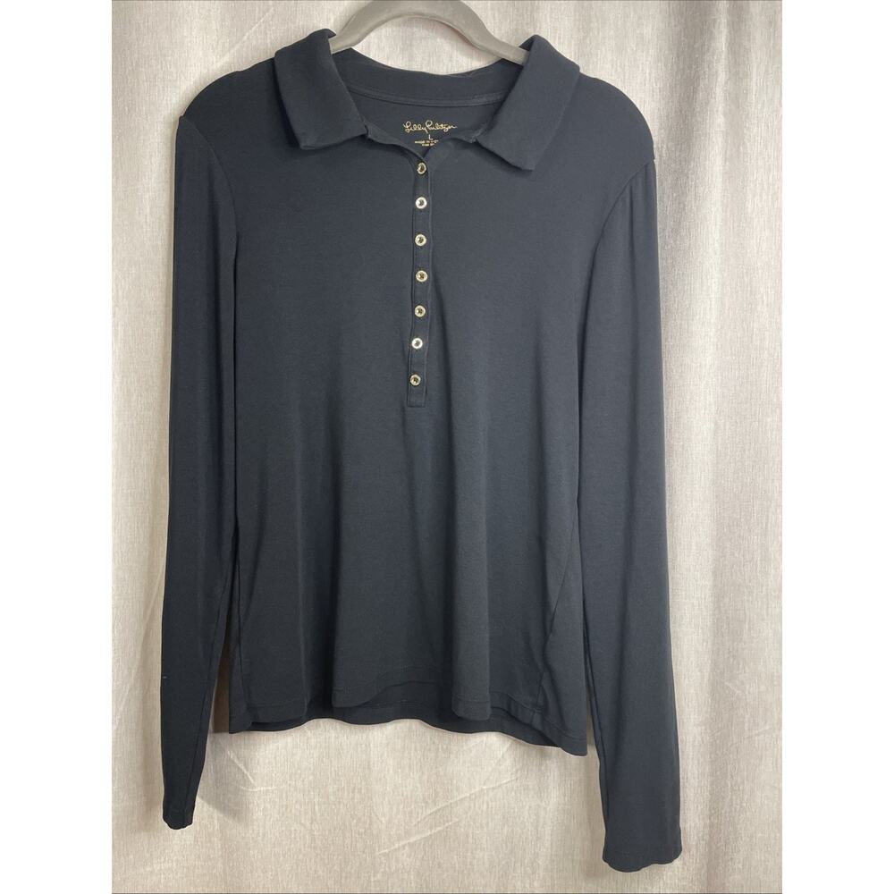 Lilly Pulitzer Sweater Women’s Large- Black Collared Half Buttons Minimalist Top